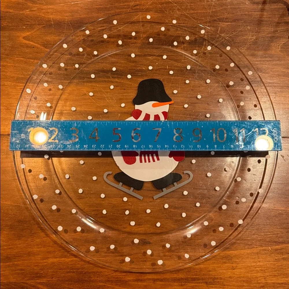 Crate&Barrel Skating Snowman Glass Large Platter Plate 12” Dishwasher Micro Safe